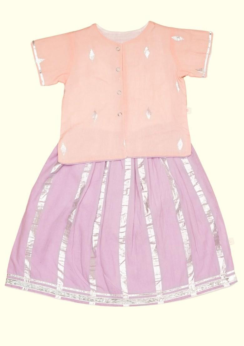 Pink Geometric Cotton Blend Lehenga Choli For Girls - Indya