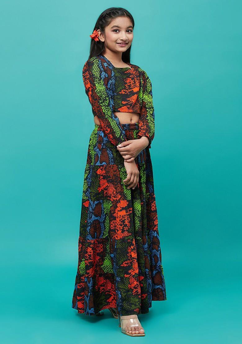 Red Printed Cotton Blend Lehenga Choli For Girls - Indya