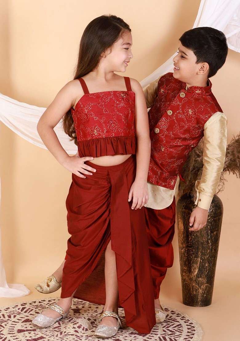 Maroon Embroidered Blended Lehenga Choli For Girls - Indya