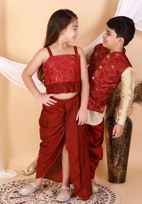Maroon Embroidered Blended Lehenga Choli For Girls