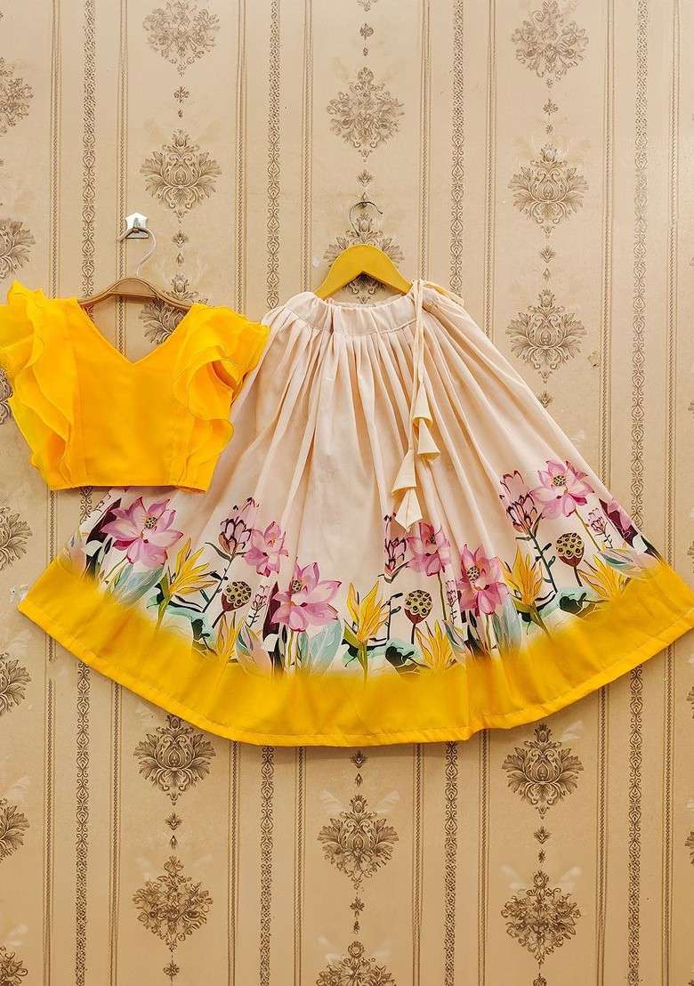 Mustard Printed Blended Lehenga Choli For Girls - Indya
