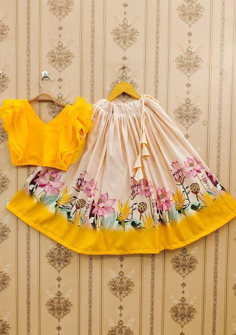 Mustard Printed Blended Lehenga Choli For Girls - Indya