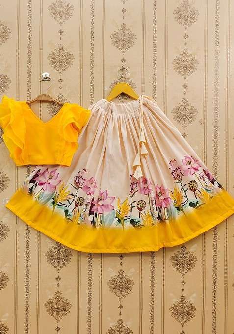 Mustard Printed Blended Lehenga Choli For Girls