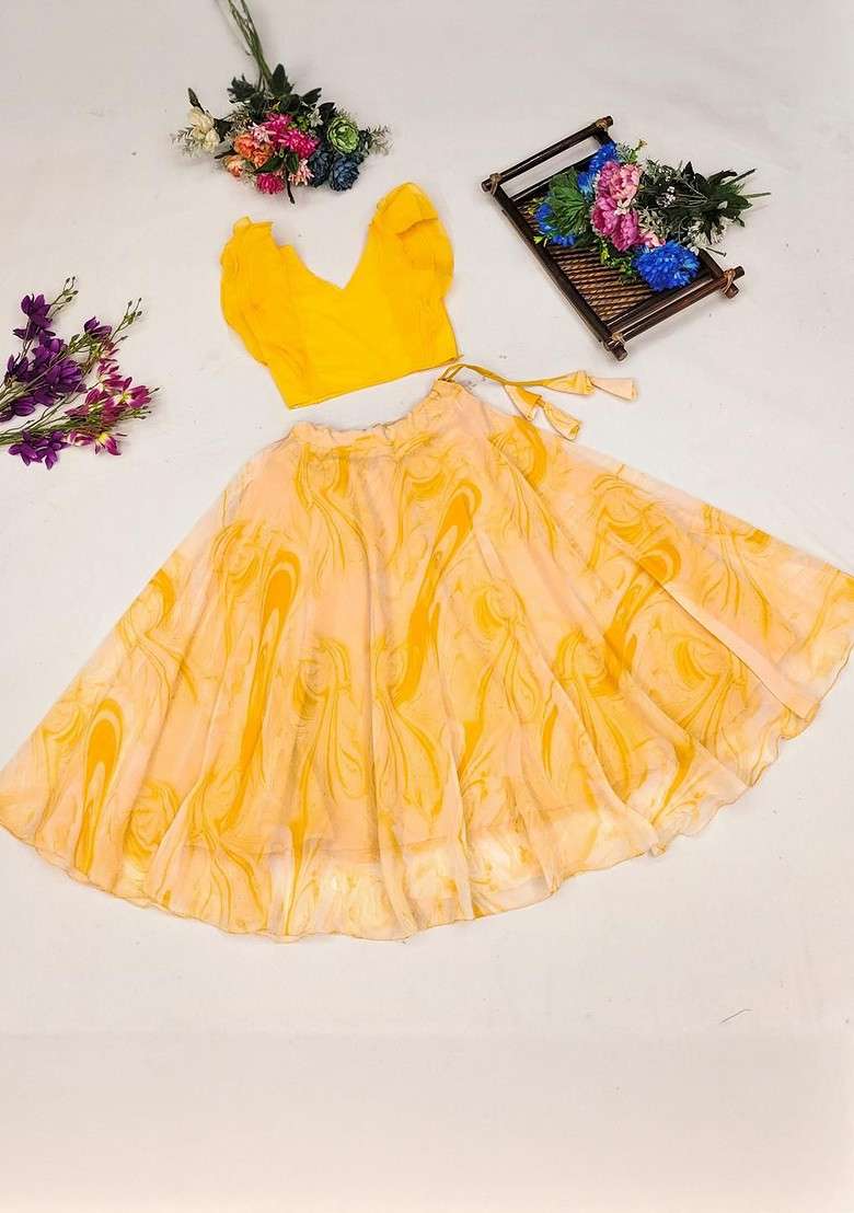Yellow Embroidered Georgette Lehenga Choli For Girls - Indya