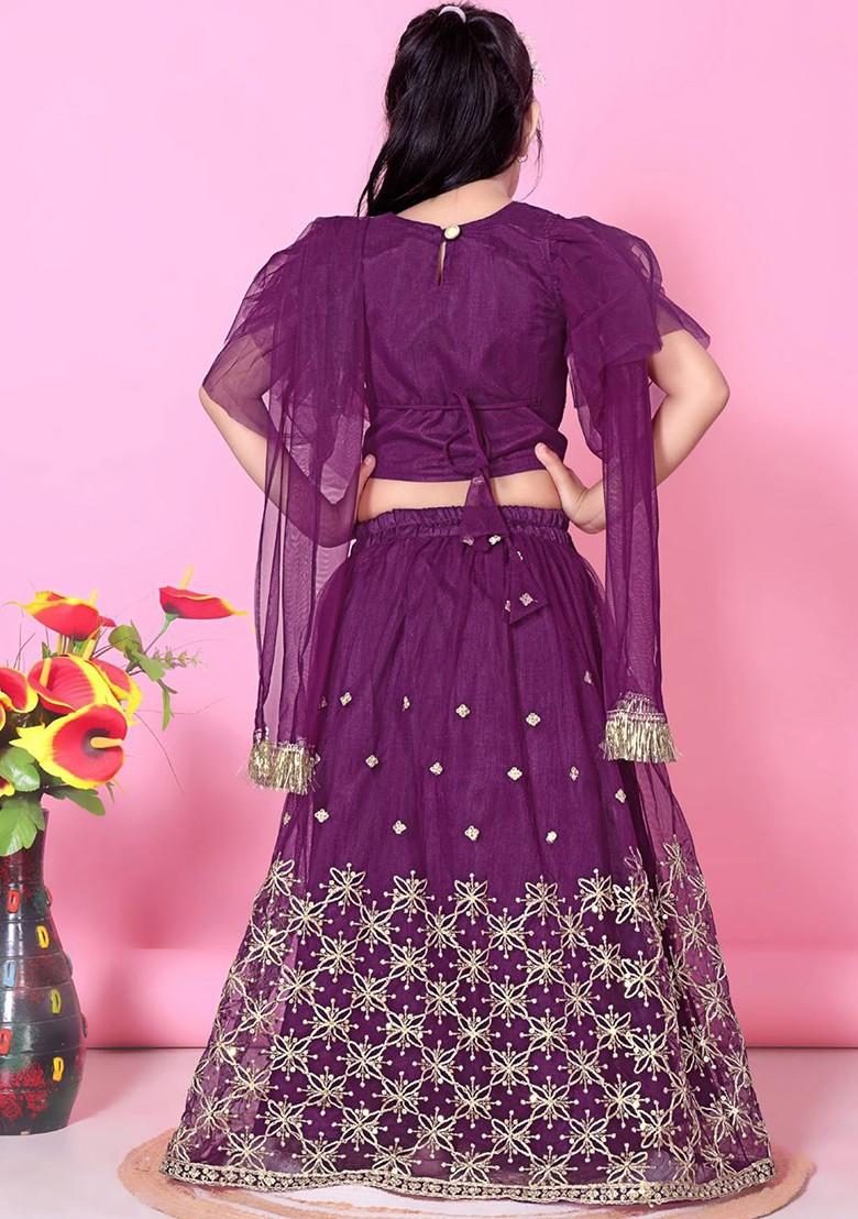 Magenta Embroidered Blended Lehenga Choli For Girls - Indya