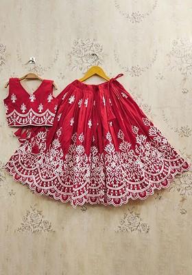 Red Embroidered Blended Lehenga Choli For Girls