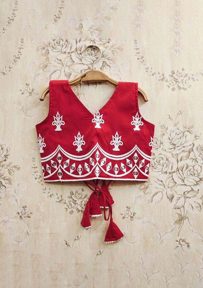 Red Embroidered Blended Lehenga Choli For Girls - Indya