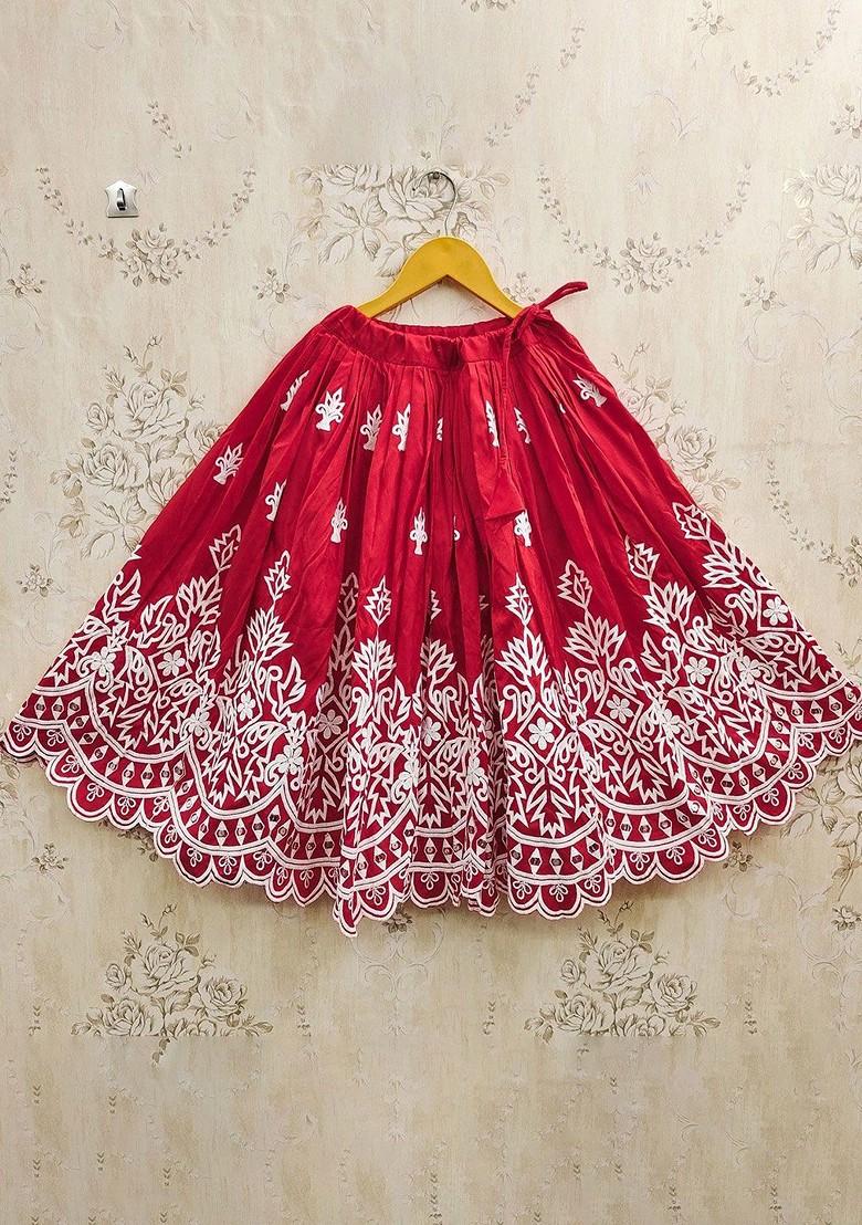 Red Embroidered Blended Lehenga Choli For Girls - Indya