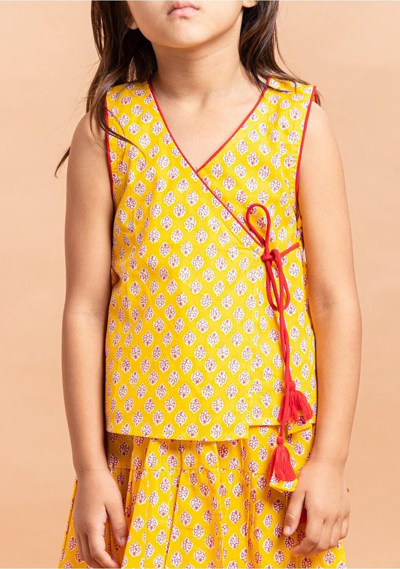 Yellow Printed Cotton Blend Lehenga Choli For Girls - Indya