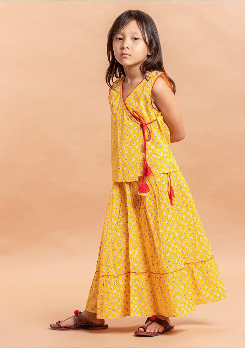 Yellow Printed Cotton Blend Lehenga Choli For Girls - Indya