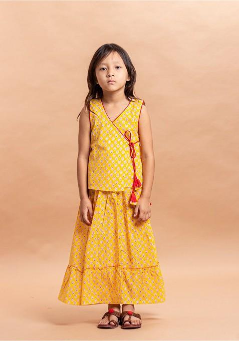 Yellow Printed Cotton Blend Lehenga Choli For Girls — view on Indya