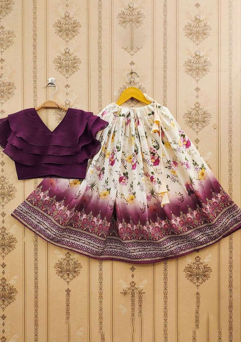 Purple Printed Blended Lehenga Choli For Girls - Indya