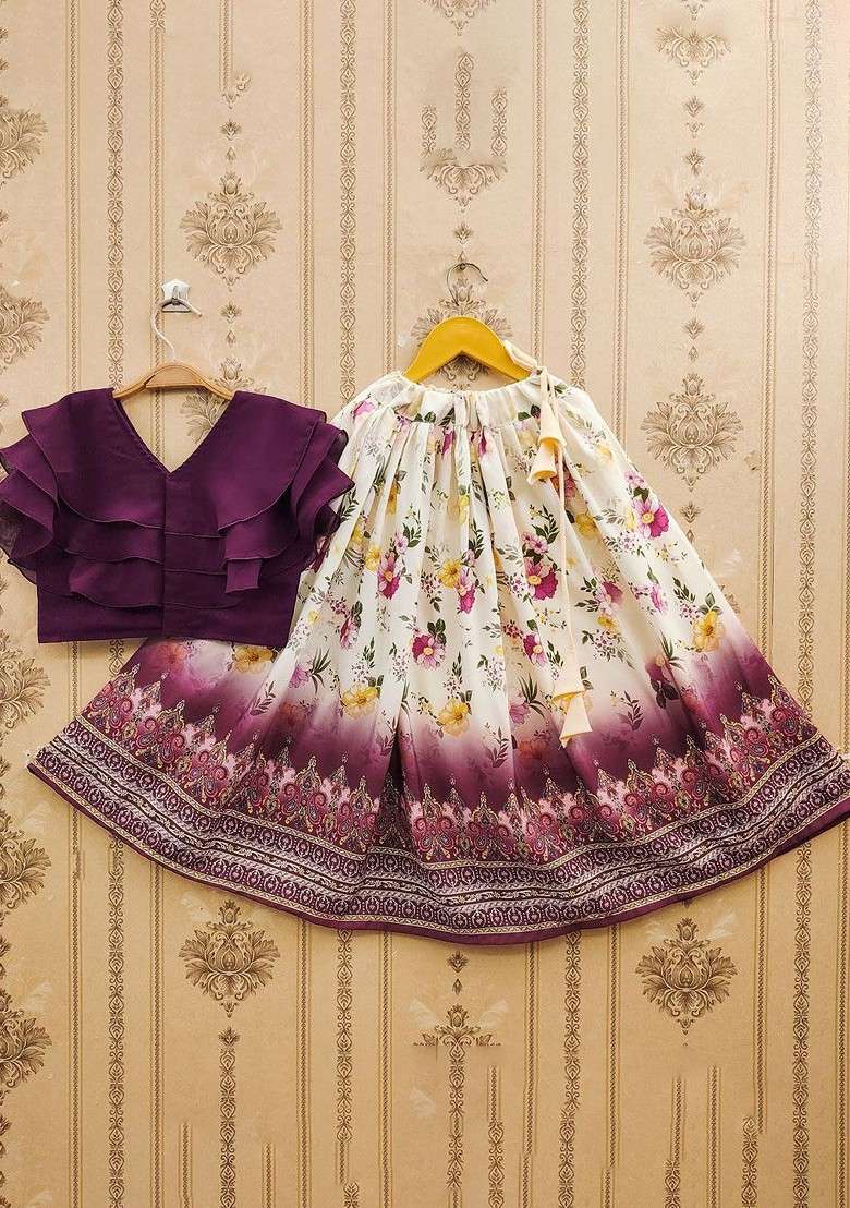 Purple Printed Blended Lehenga Choli For Girls - Indya