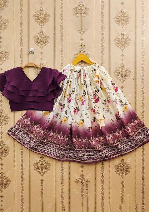 Purple Printed Blended Lehenga Choli For Girls — view on Indya