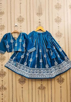Teal Embroidered Blended Lehenga Choli For Girls