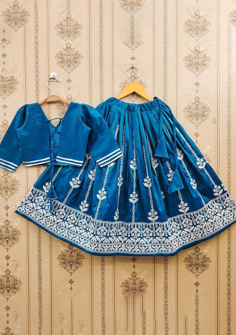 Teal Embroidered Blended Lehenga Choli For Girls - Indya
