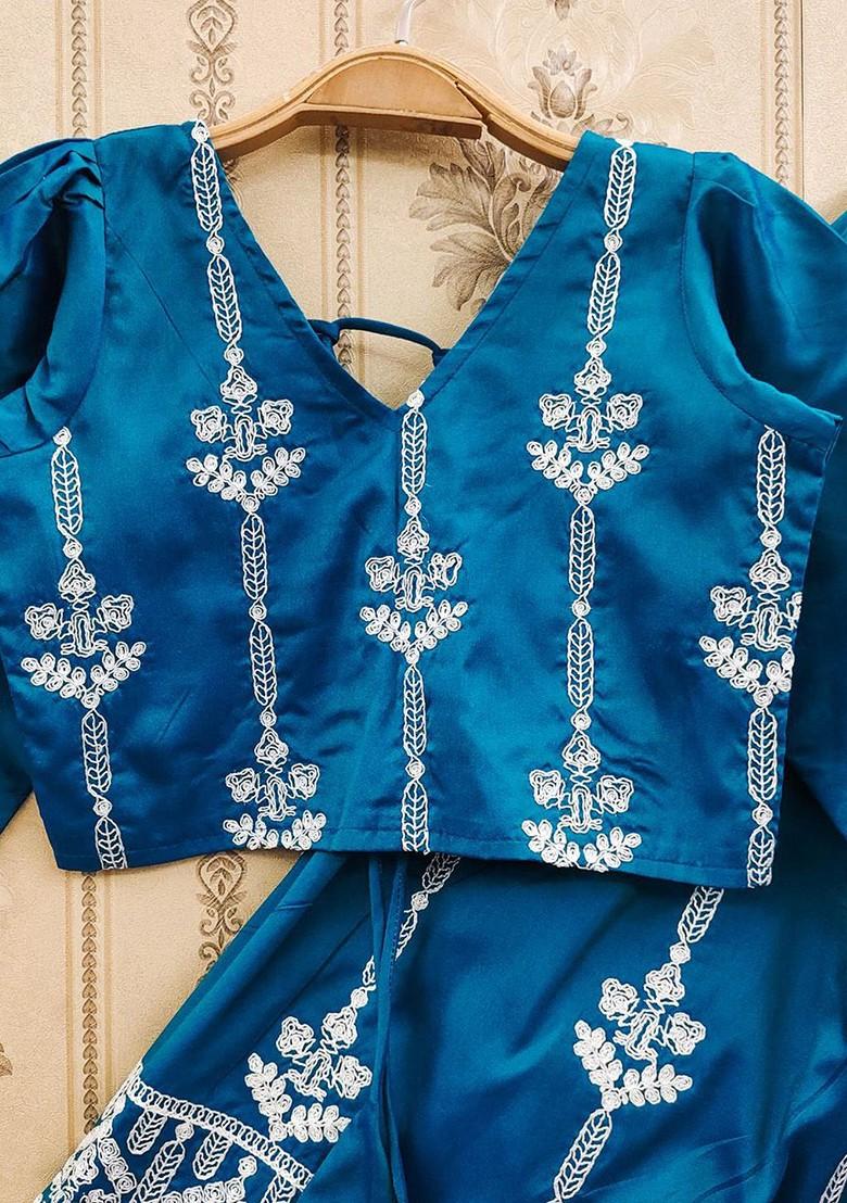 Teal Embroidered Blended Lehenga Choli For Girls - Indya
