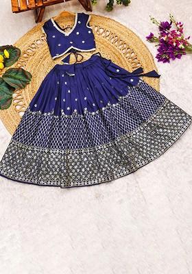 Navy Blue Embellished Blended Lehenga Choli For Girls