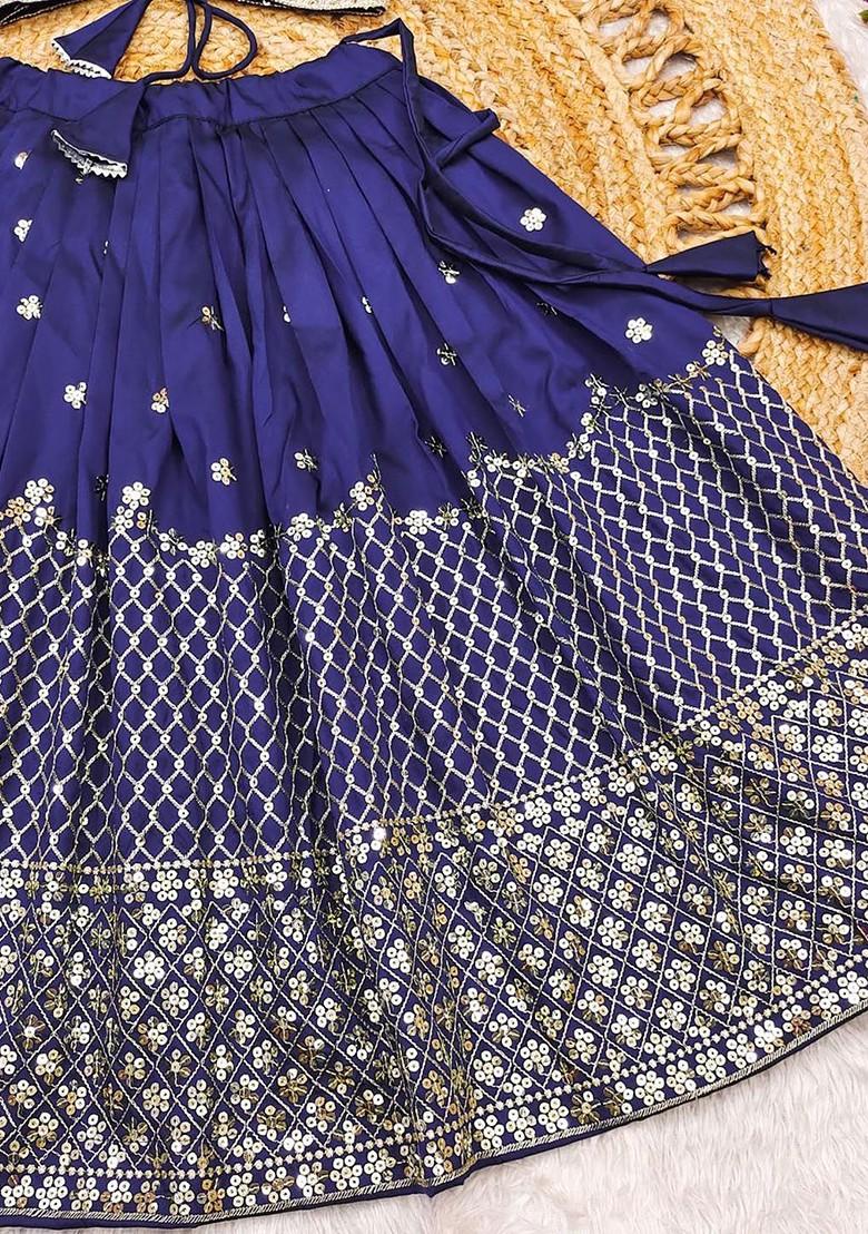 Navy Blue Embellished Blended Lehenga Choli For Girls - Indya