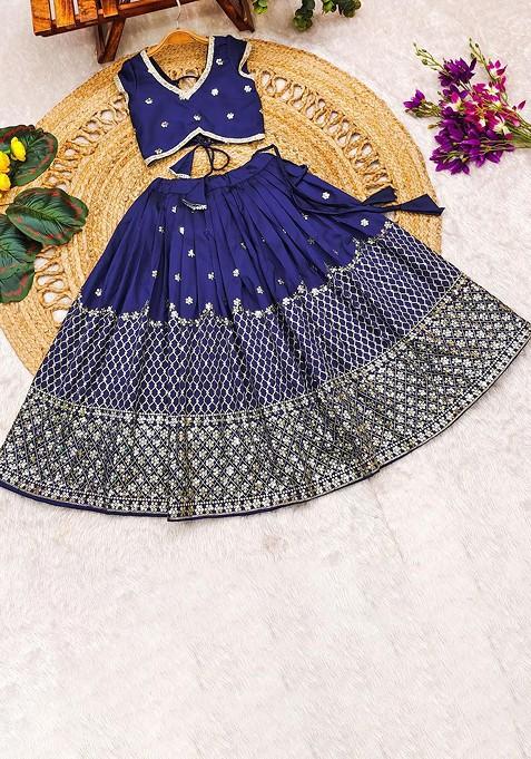 Navy Blue Embellished Blended Lehenga Choli For Girls — view on Indya