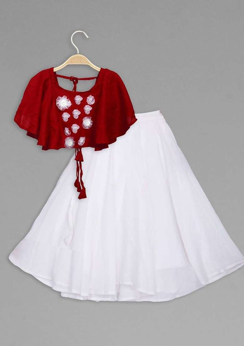 White Embroidered Blended Lehenga Choli For Girls - Indya