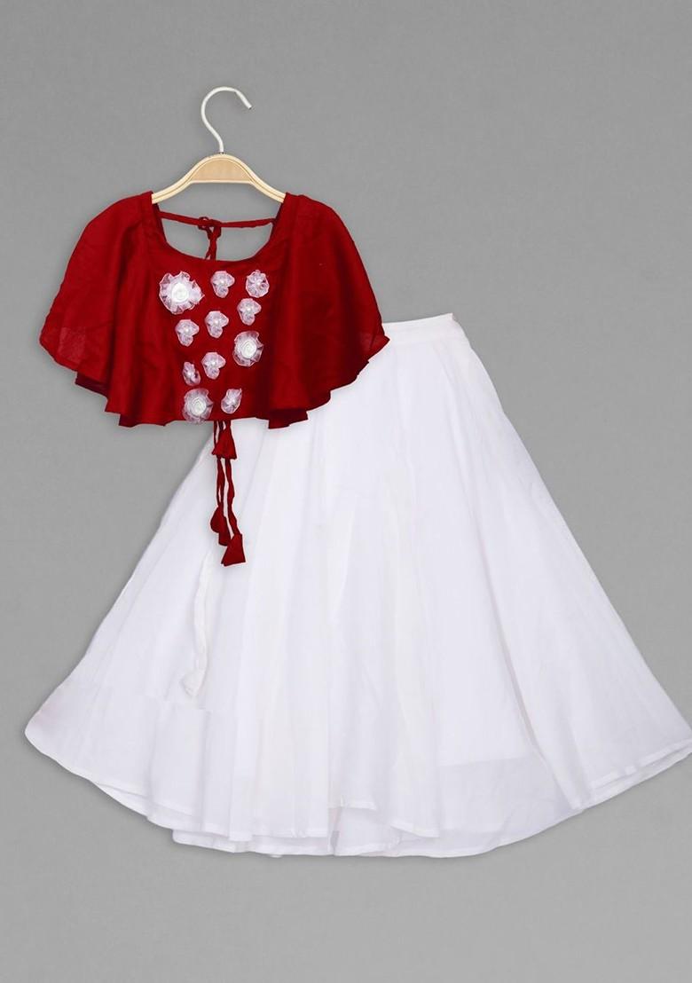 White Embroidered Blended Lehenga Choli For Girls - Indya