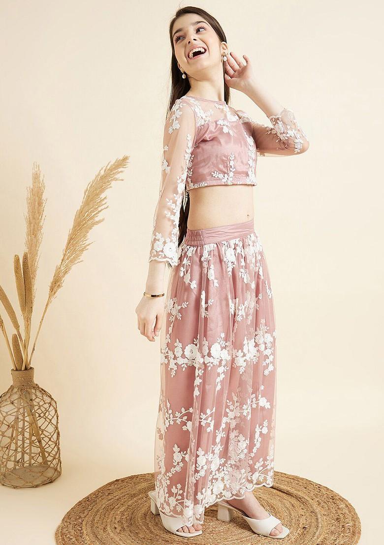 Rose Embroidered Blended Lehenga Choli For Girls - Indya
