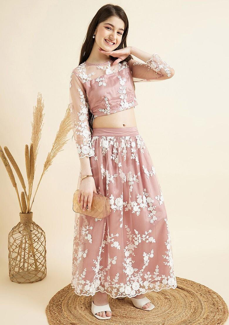 Rose Embroidered Blended Lehenga Choli For Girls - Indya