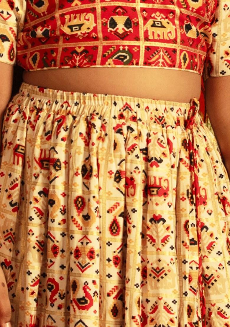 Red Printed Blended Lehenga Choli For Girls - Indya