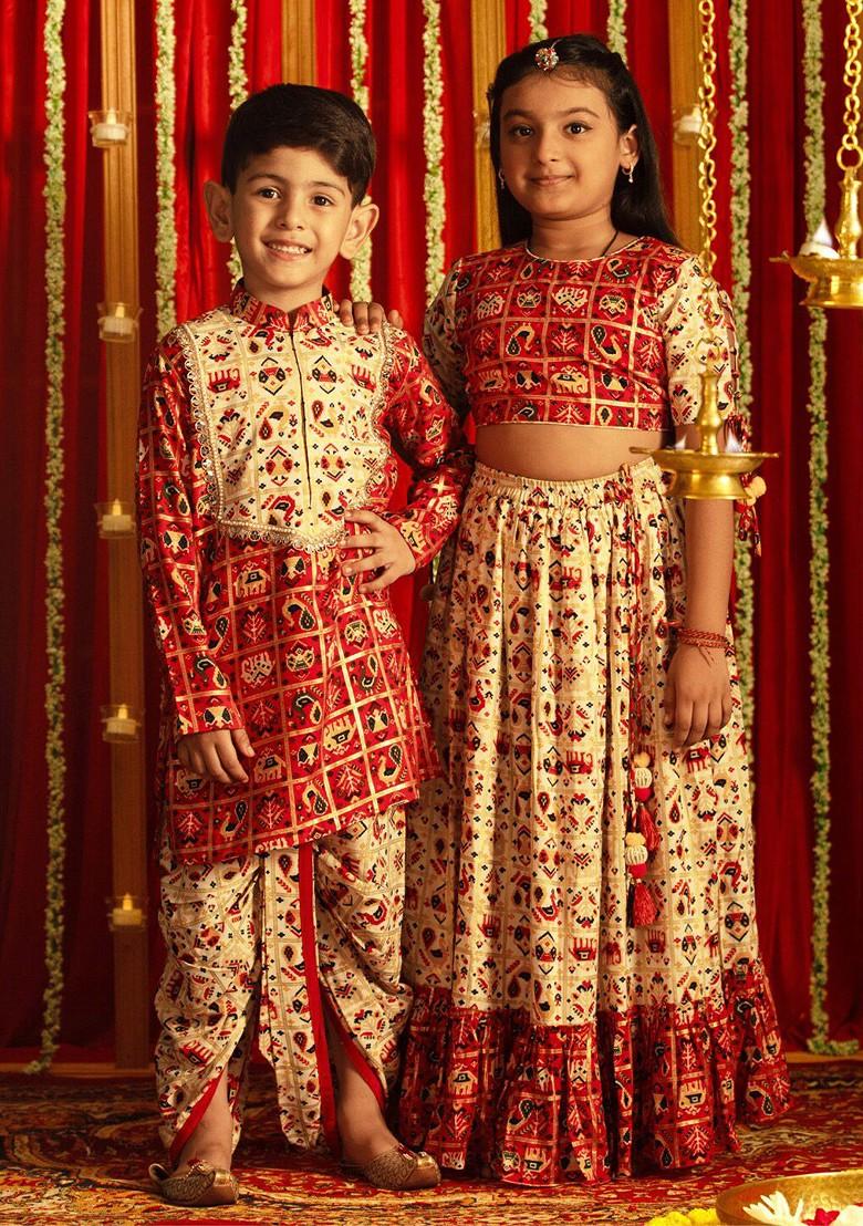 Red Printed Blended Lehenga Choli For Girls - Indya