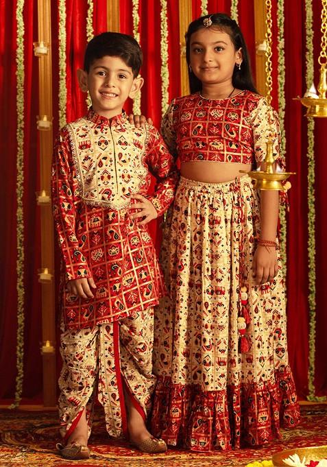 Red Printed Blended Lehenga Choli For Girls — view on Indya