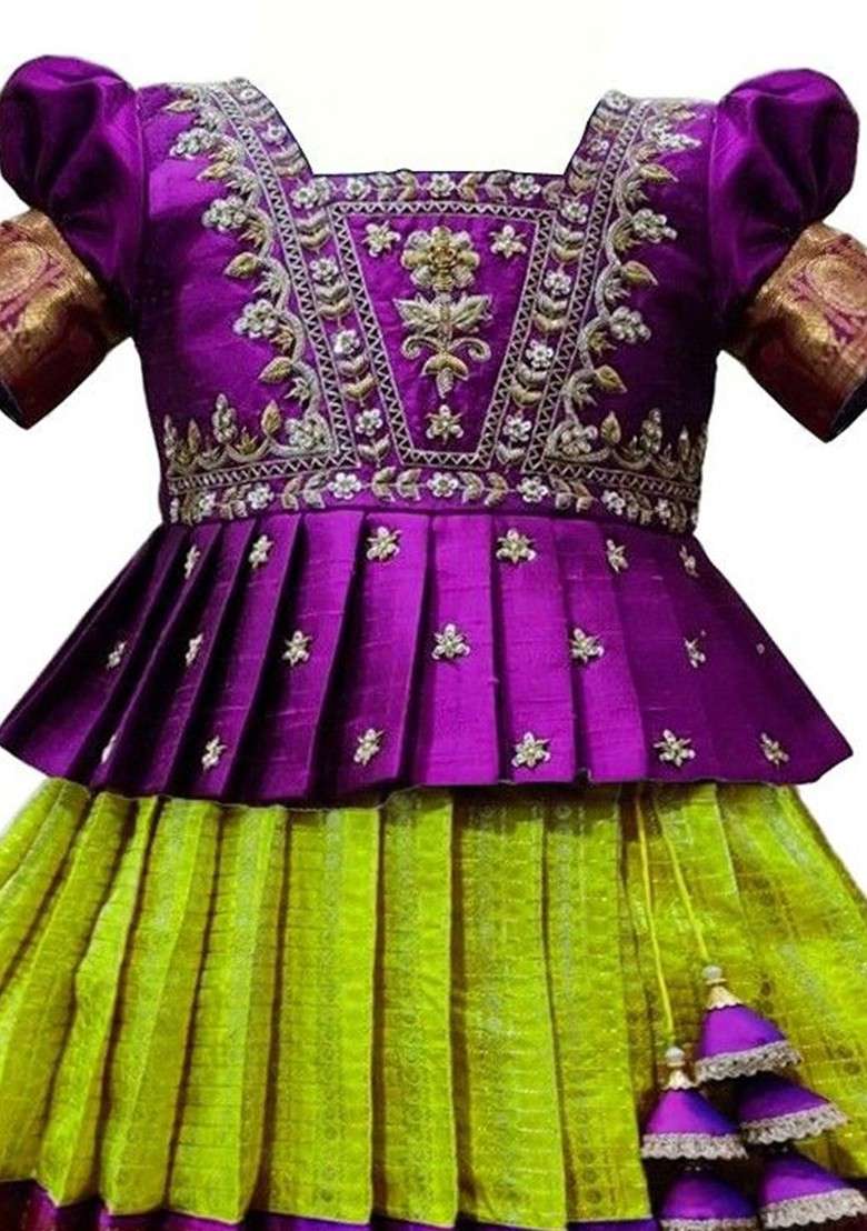 Purple Embroidered Cotton Blend Lehenga Choli For Girls - Indya