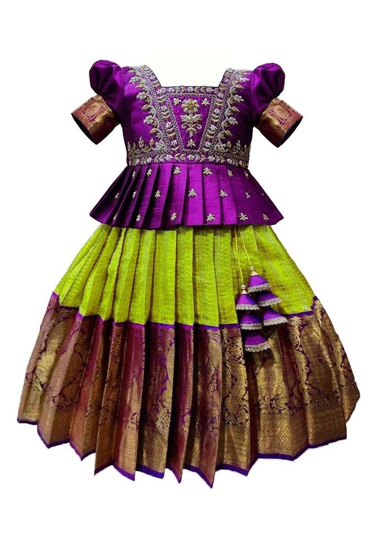 Purple Embroidered Cotton Blend Lehenga Choli For Girls - Indya