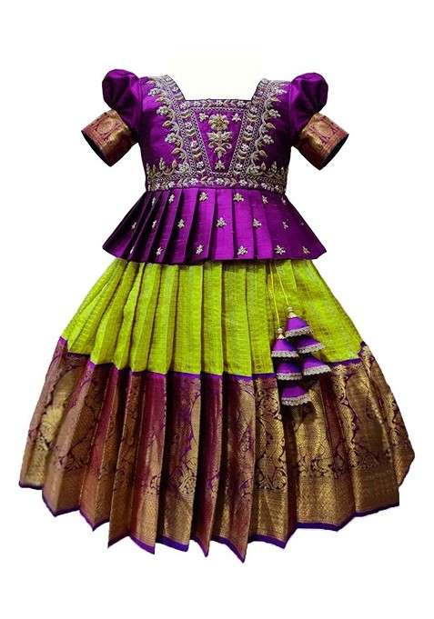 Purple Embroidered Cotton Blend Lehenga Choli For Girls