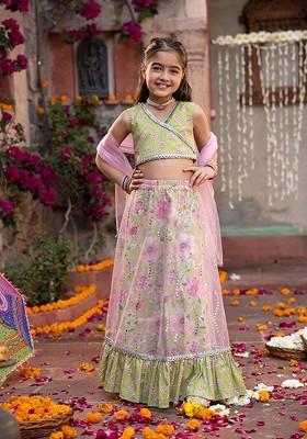 Olive Printed Blended Lehenga Choli For Girls