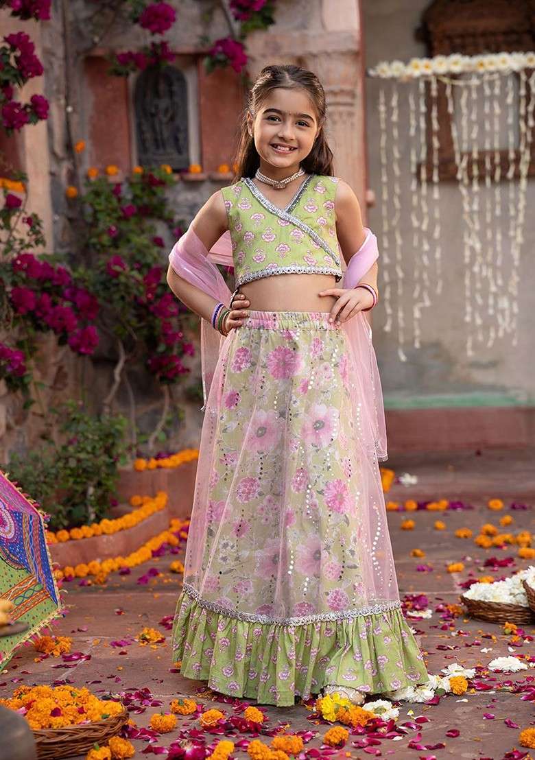 Olive Printed Blended Lehenga Choli For Girls - Indya