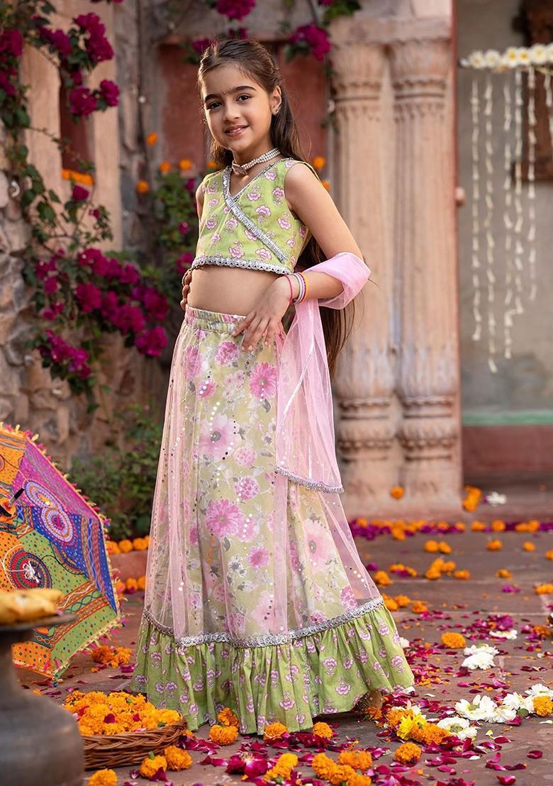 Olive Printed Blended Lehenga Choli For Girls - Indya