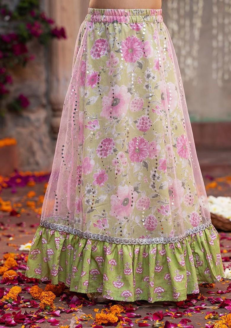 Olive Printed Blended Lehenga Choli For Girls - Indya
