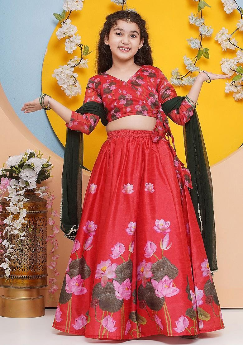 Red Printed Blended Lehenga Choli For Girls - Indya