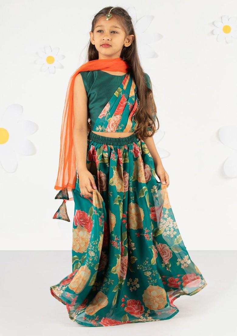 Green Printed Blended Lehenga Choli For Girls - Indya