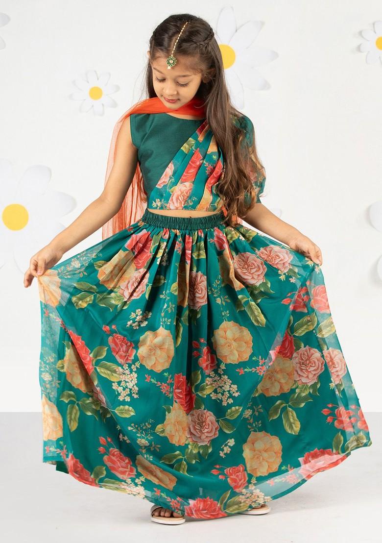 Green Printed Blended Lehenga Choli For Girls - Indya