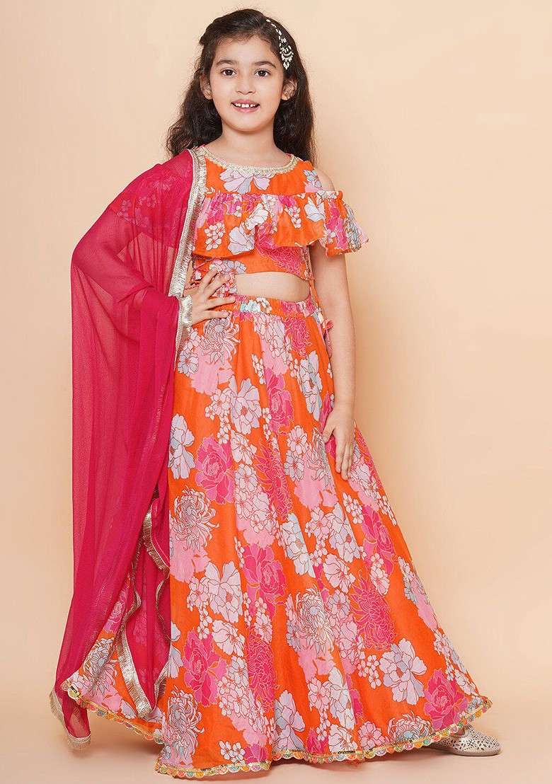 Orange Printed Blended Lehenga Choli For Girls - Indya