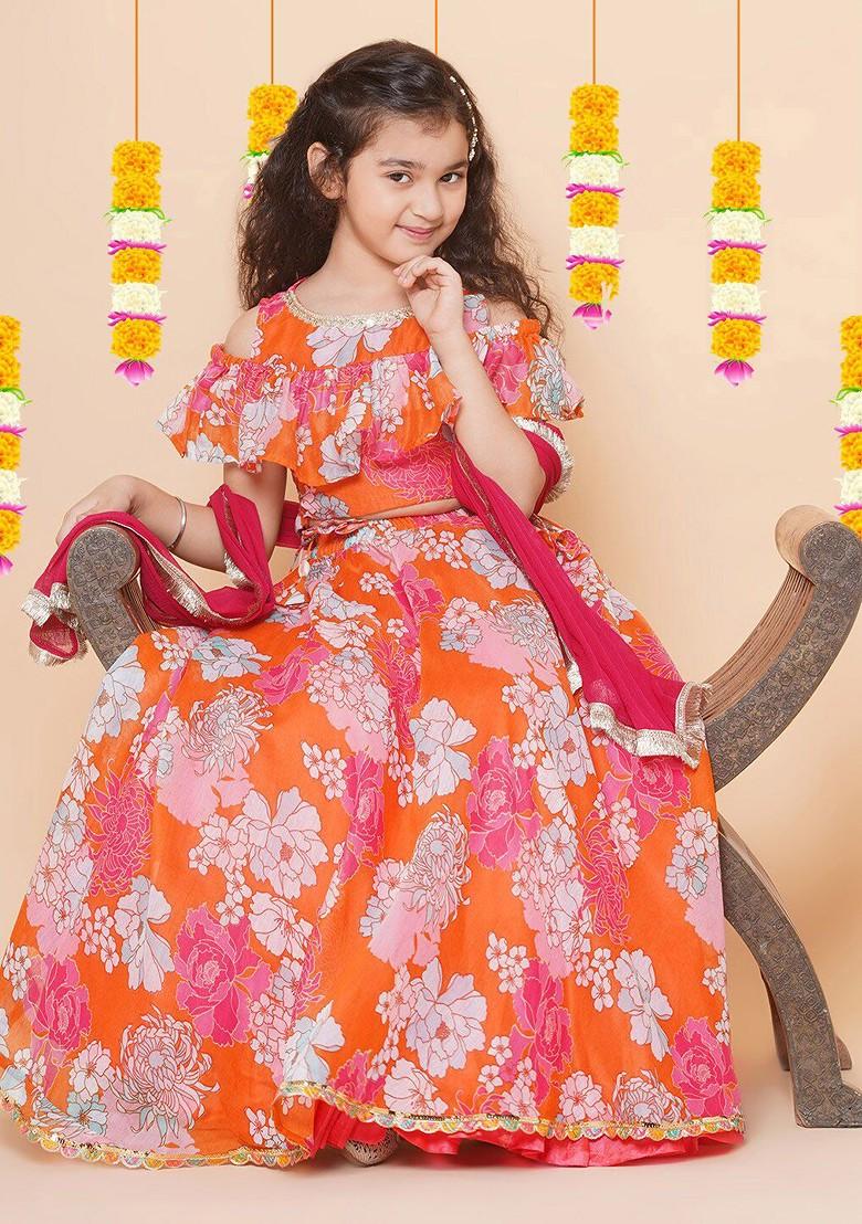 Orange Printed Blended Lehenga Choli For Girls - Indya