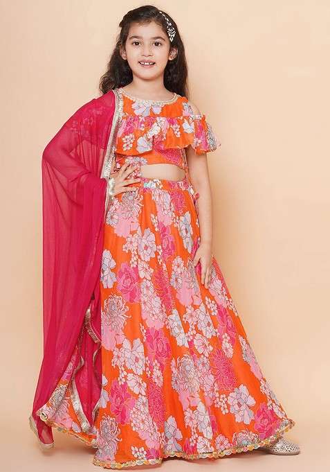 Orange Printed Blended Lehenga Choli For Girls
