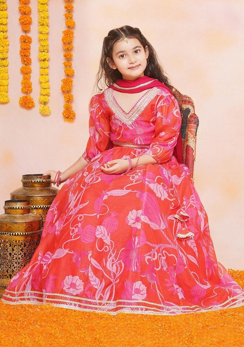 Red Embroidered Blended Lehenga Choli For Girls - Indya