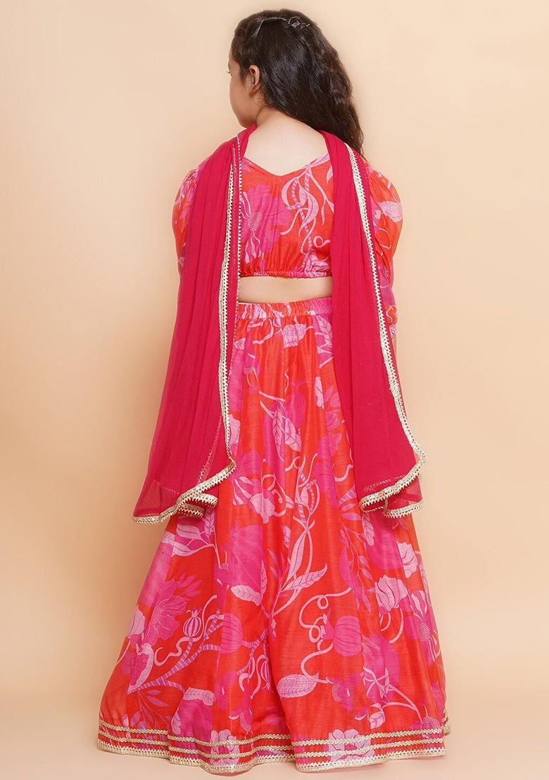 Red Embroidered Blended Lehenga Choli For Girls - Indya