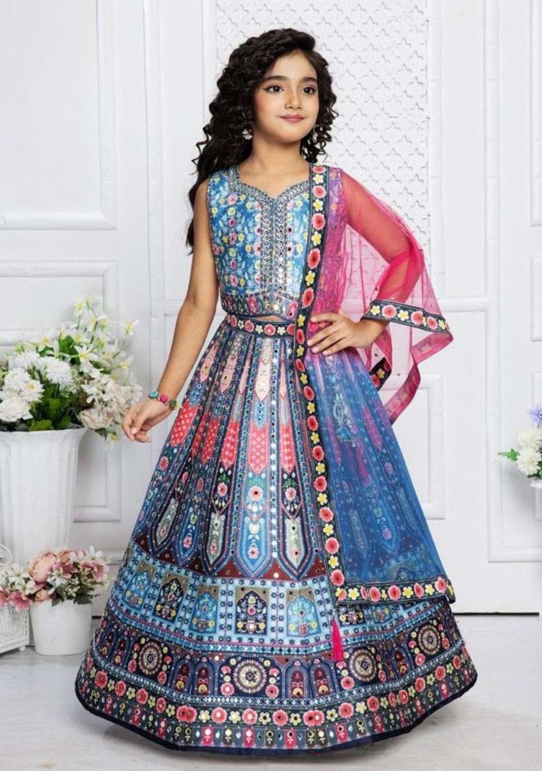 Grey Printed Blended Lehenga Choli For Girls - Indya