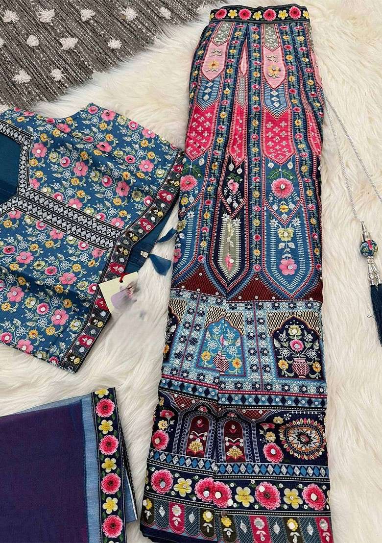 Grey Printed Blended Lehenga Choli For Girls - Indya