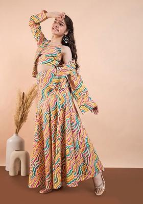 Yellow Printed Cotton Blend Lehenga Choli For Girls