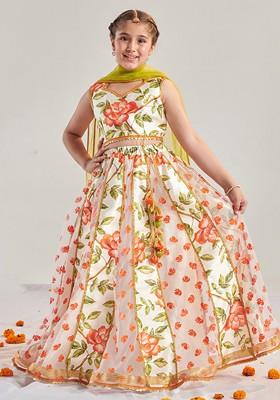 Orange Printed Blended Lehenga Choli For Girls